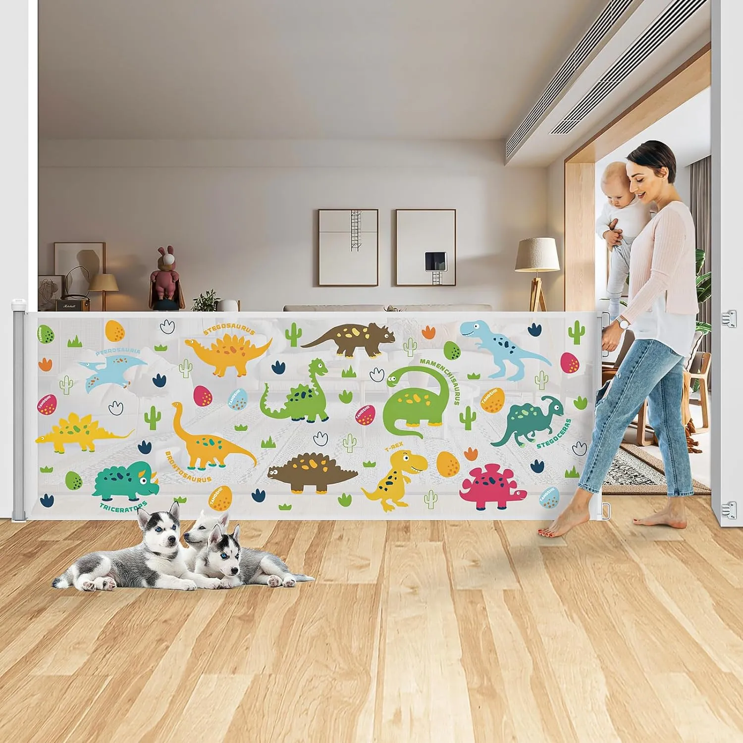 78 Inch Extra Wide Retractable Baby Gate for Large Opening, Child Safety Indoor/Outdoor Retractable Mesh, 34" Tall for Doorways, Stairs, Hallways-Dinosaur