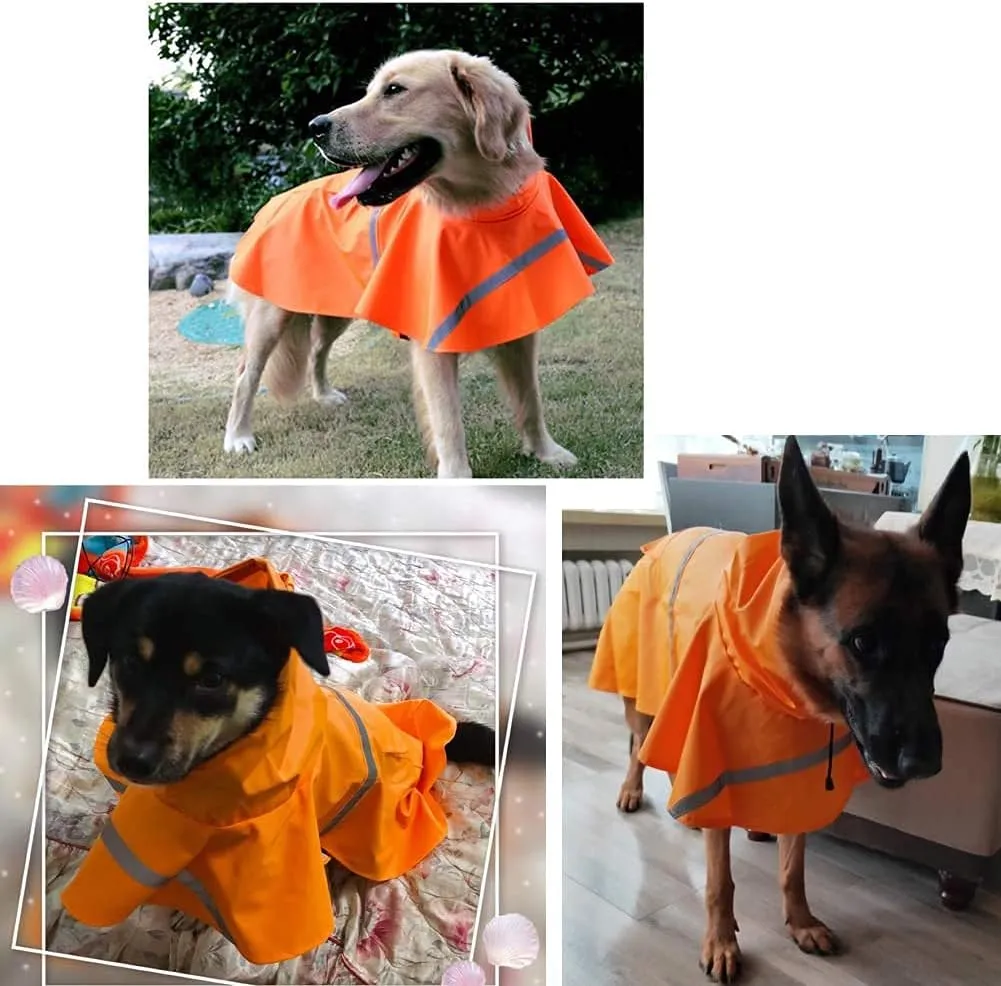 Adjustable Large Dog Raincoat with Strip Reflective - Waterproof Pet Rain Jacket Hoodie Poncho,for Large and Medium Dogs (Orange,L)