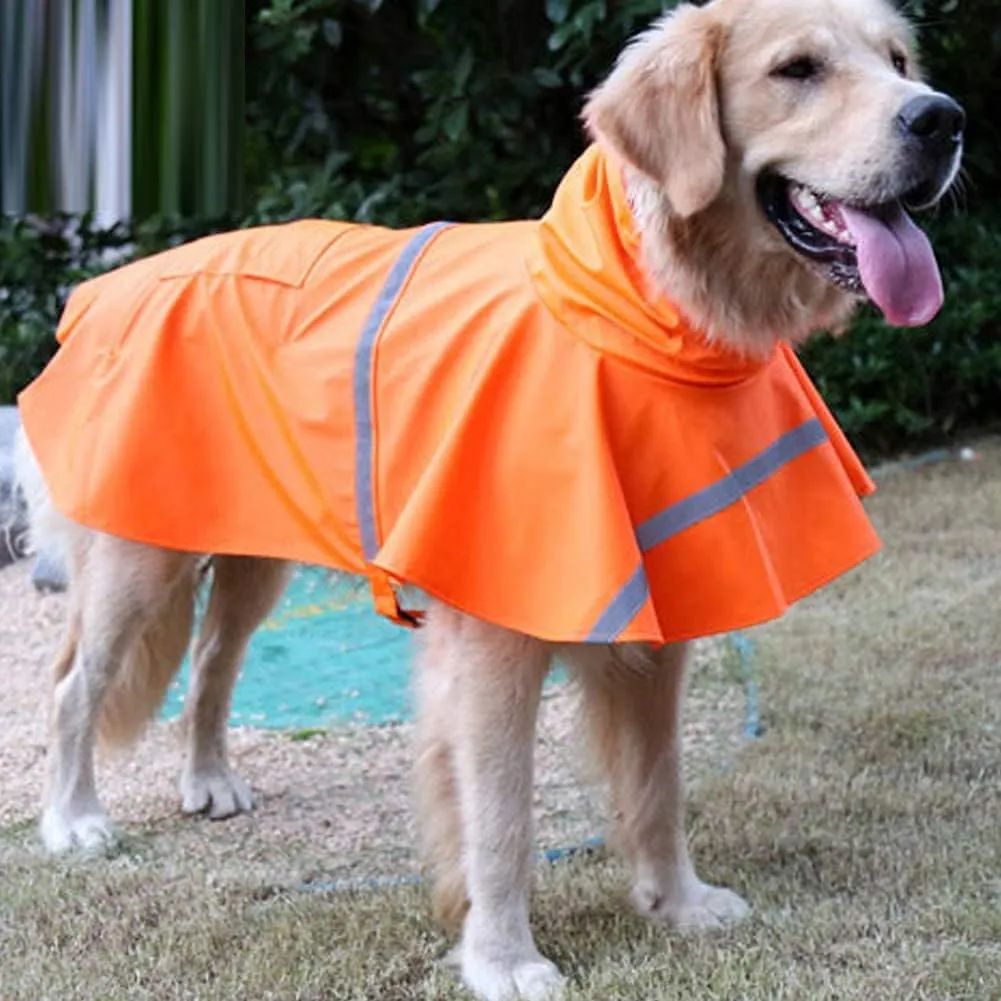 Adjustable Large Dog Raincoat with Strip Reflective - Waterproof Pet Rain Jacket Hoodie Poncho,for Large and Medium Dogs (Orange,L)
