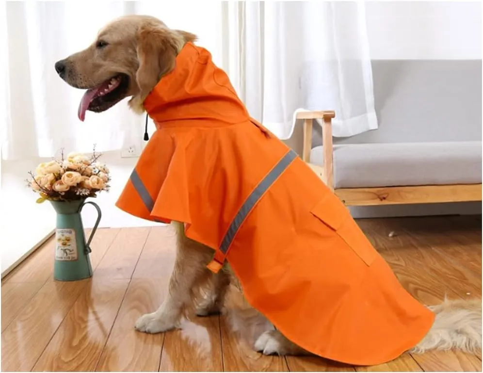 Adjustable Large Dog Raincoat with Strip Reflective - Waterproof Pet Rain Jacket Hoodie Poncho,for Large and Medium Dogs (Orange,L)