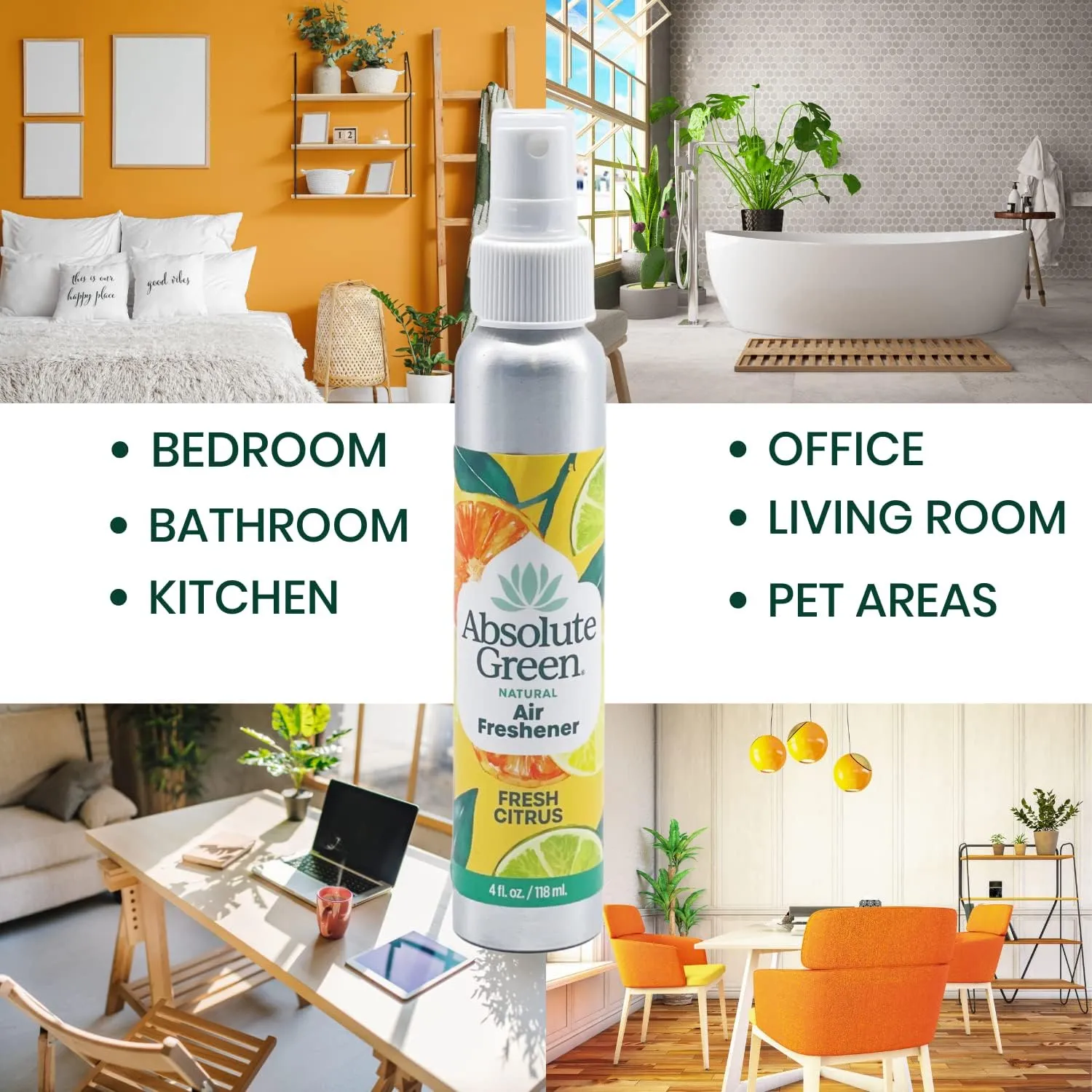 Air Freshener Room Spray, Non-Toxic, Cover Odors, Safe around Kids and Pets, Natural Fresh Citrus Scent 4oz (Pack of 2)