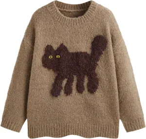CIDER Womens Cat Sweater Long Sleeve Crew Neck Fun Graphic Cute Patterned Pullover Sweater Tops