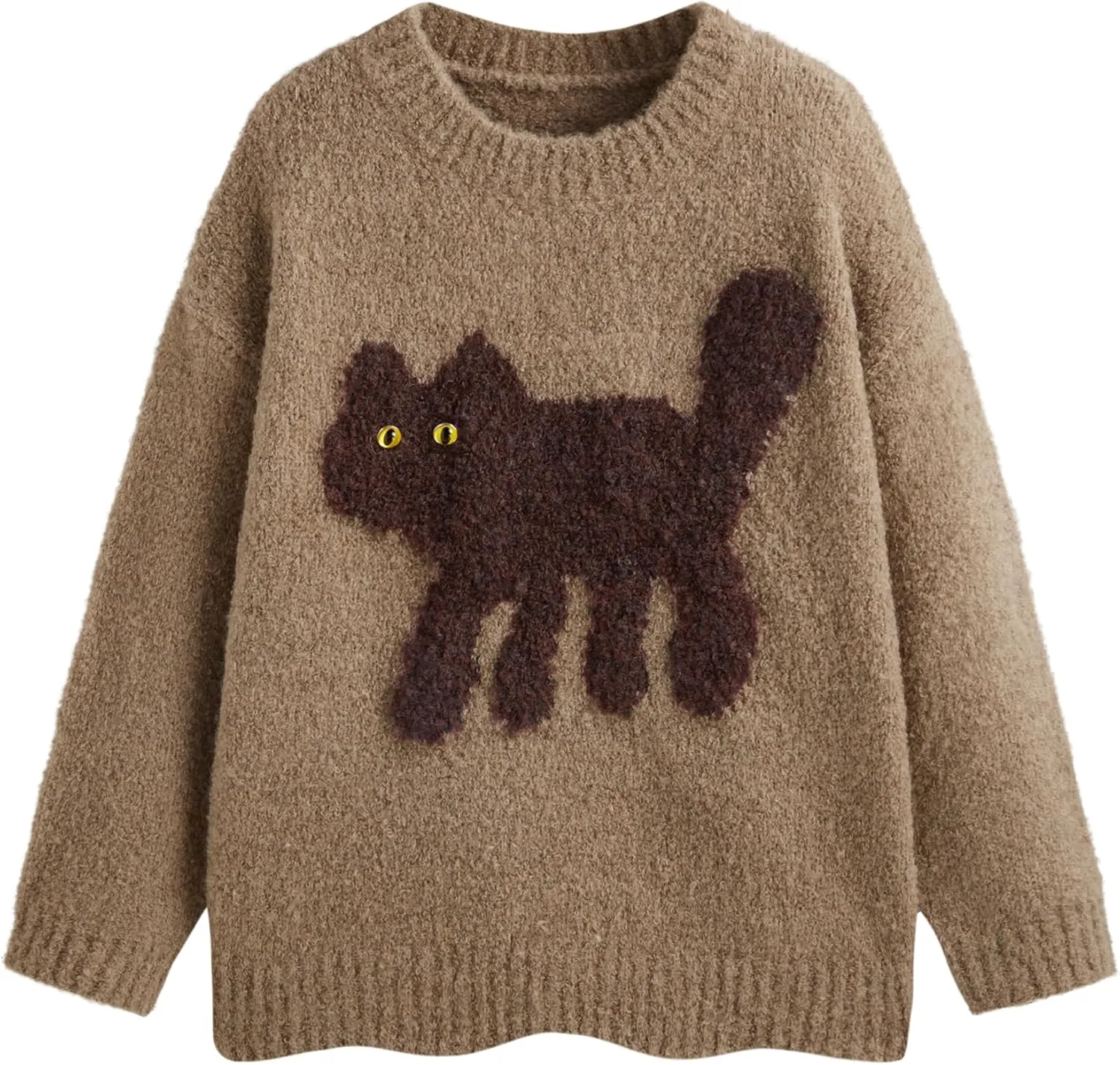 CIDER Womens Cat Sweater Long Sleeve Crew Neck Fun Graphic Cute Patterned Pullover Sweater Tops