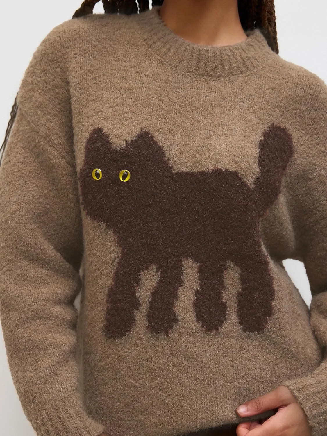 CIDER Womens Cat Sweater Long Sleeve Crew Neck Fun Graphic Cute Patterned Pullover Sweater Tops