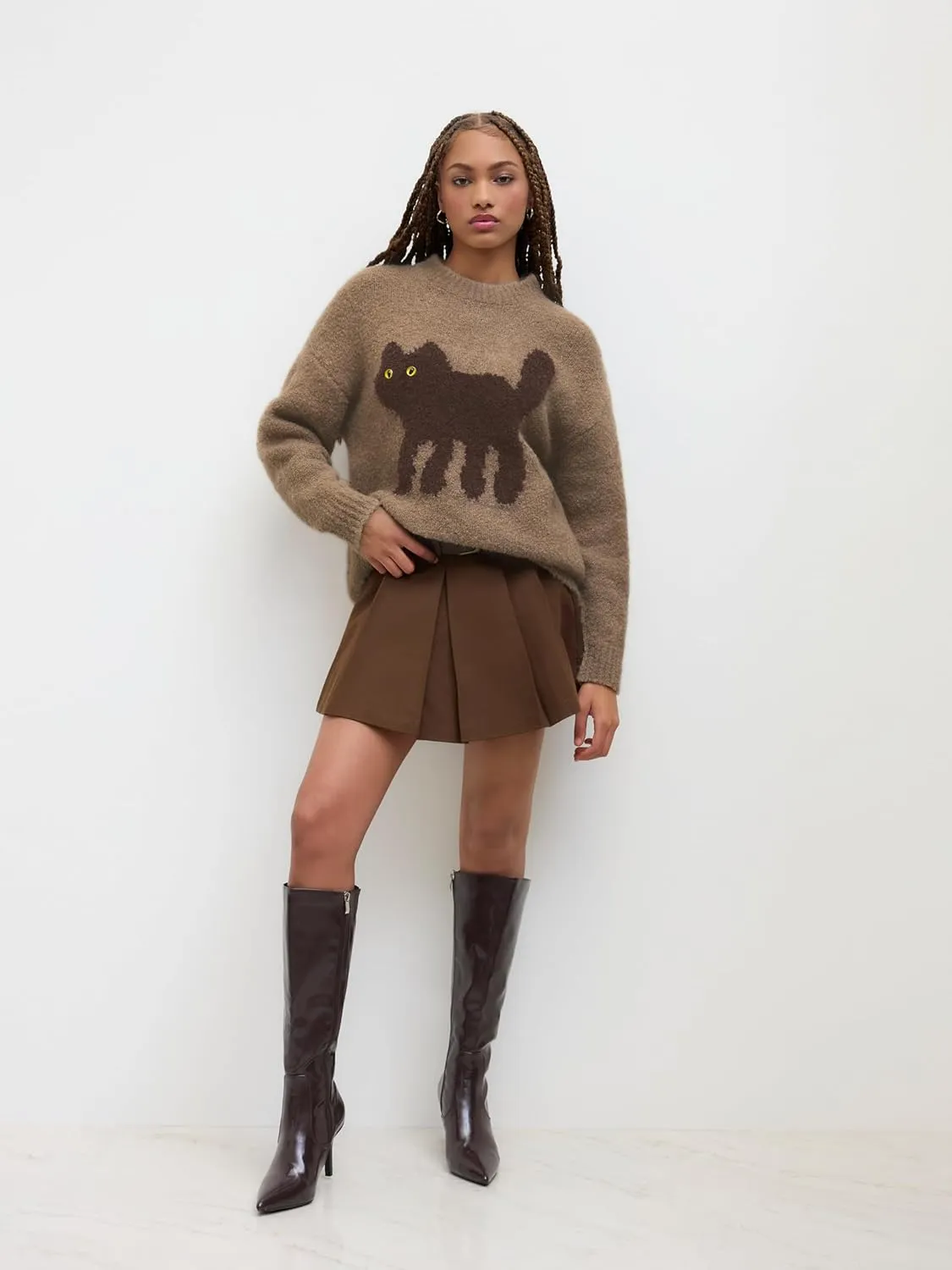 CIDER Womens Cat Sweater Long Sleeve Crew Neck Fun Graphic Cute Patterned Pullover Sweater Tops