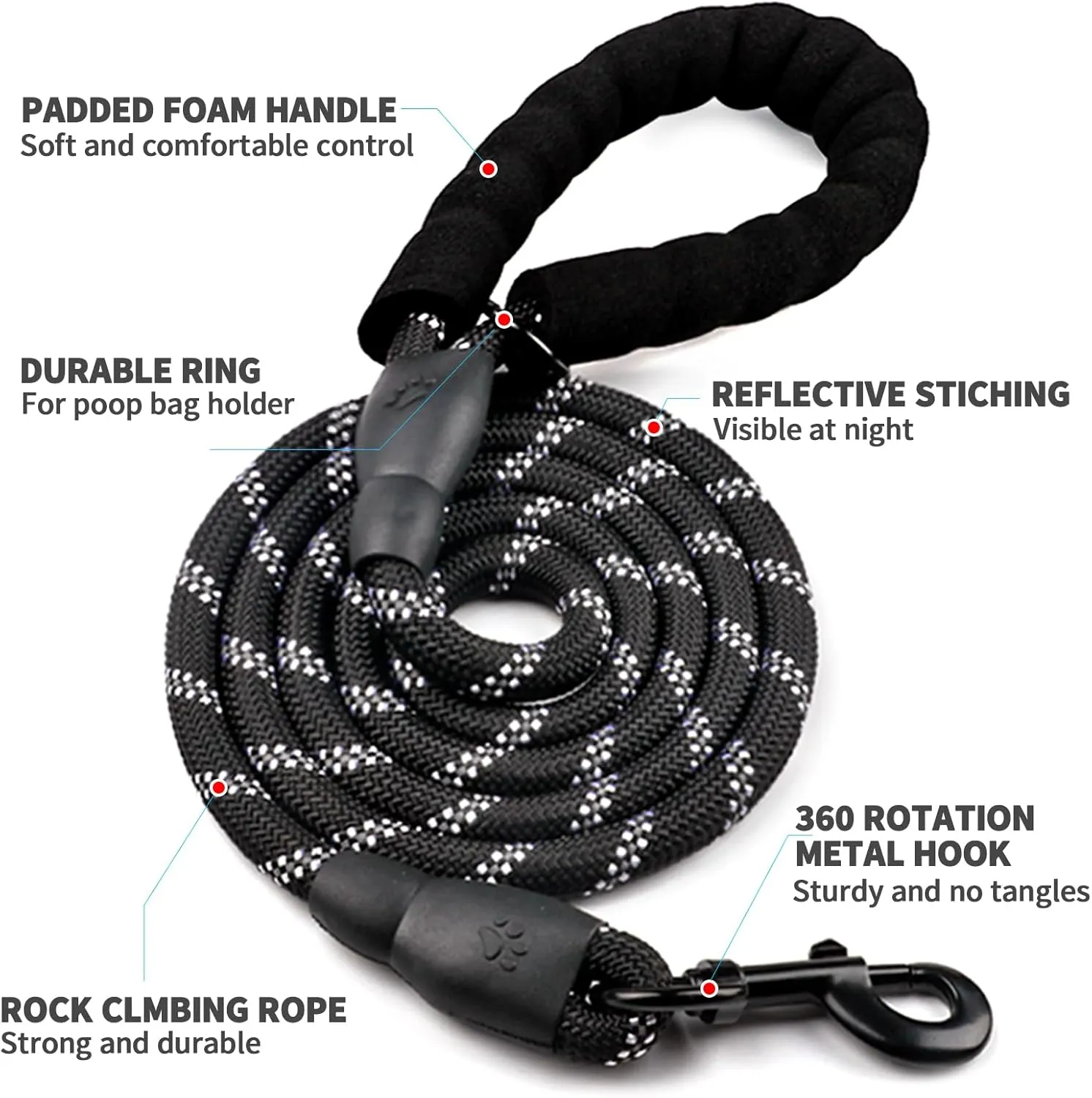 COOYOO Dog Leash 6 FT Heavy Duty - Comfortable Padded Handle - 1/2 inch Reflective Dog Leash for Medium Large Dogs with Poo Bag Dispenser