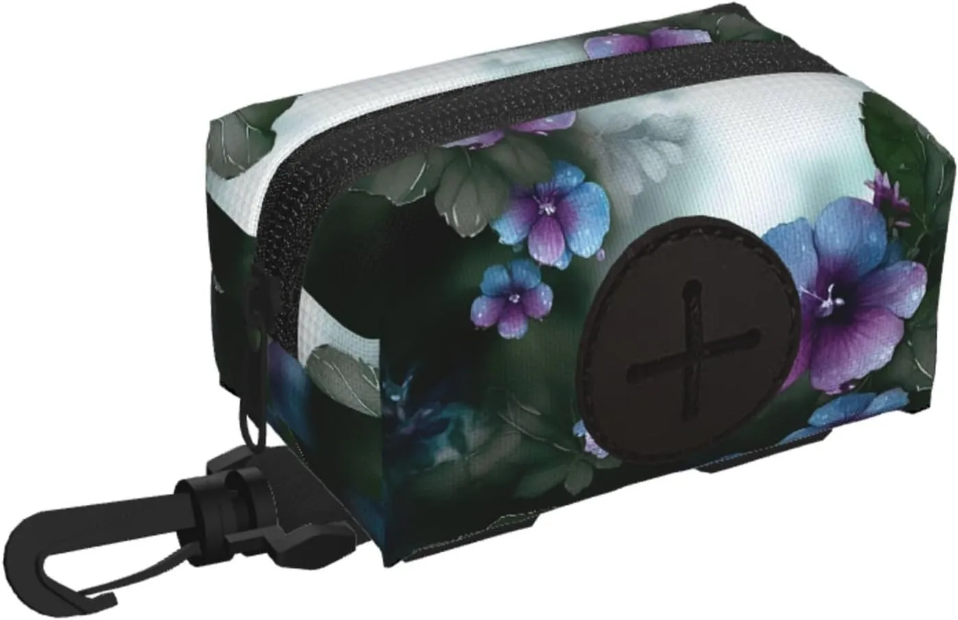 Dog Poop Bag Holder For Leash, Lightweight Dispenser For Pet Waste Bags Blue Purple Flowers And Green Leaves Puppy Potty Carrier Small Doggy Zipper Pouch With Carabiner Clip
