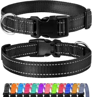 FunTags Reflective Dog Collar, Sturdy Nylon Collars for Small Girl and Boy Dogs, Adjustable Dog Collar with Quick Release Buckle, Black