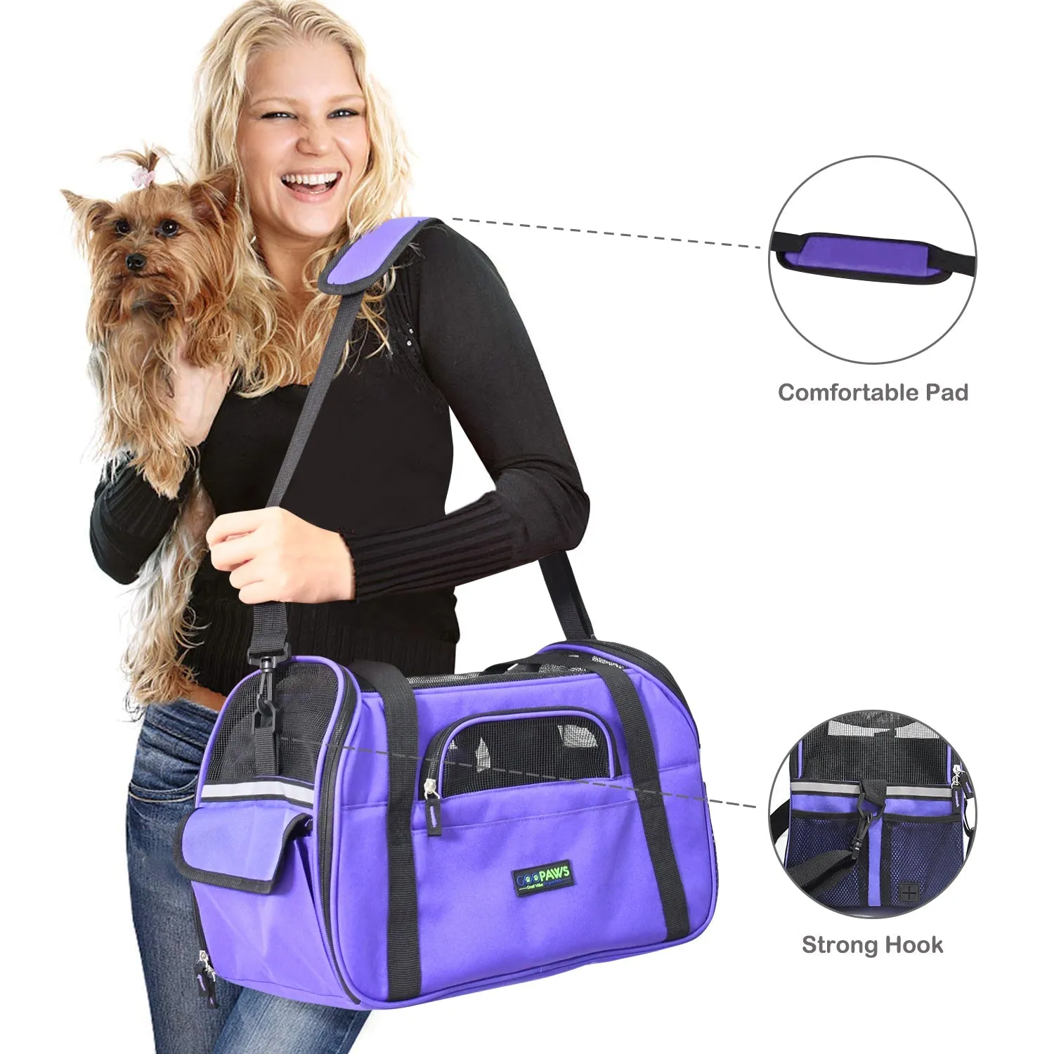 GOOPAWS Soft Sided Small Dog Carrier Comfort for Travel, Purple, 17"