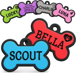 GoTags Silicone Dog Tags, Soundless Pet Tag, Personalized Silent Tag Engraved for Pets with Cute Custom Designs, for Dogs and Cats, (Bone, Blue)