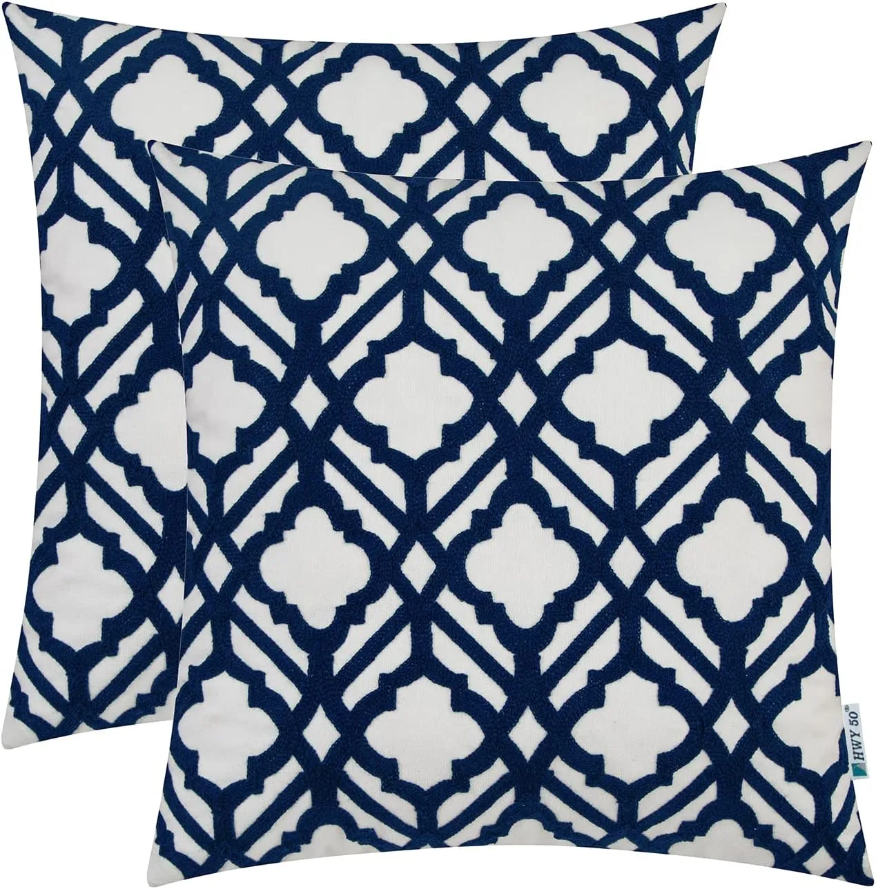 HWY 50 Dark Blue Decorative Throw Pillow Covers 18x18 Inch, Pack of 2 Embroidered Cotton Farmhouse Cushion Cover Pillow Case for Sofa Couch Living Room Bed Bedroon, Trellis