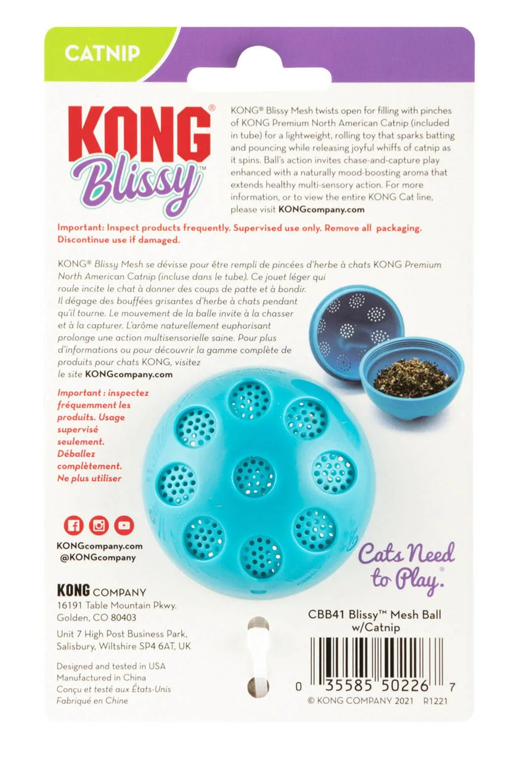 KONG Blissy Mesh Ball with Catnip, Teal, Small