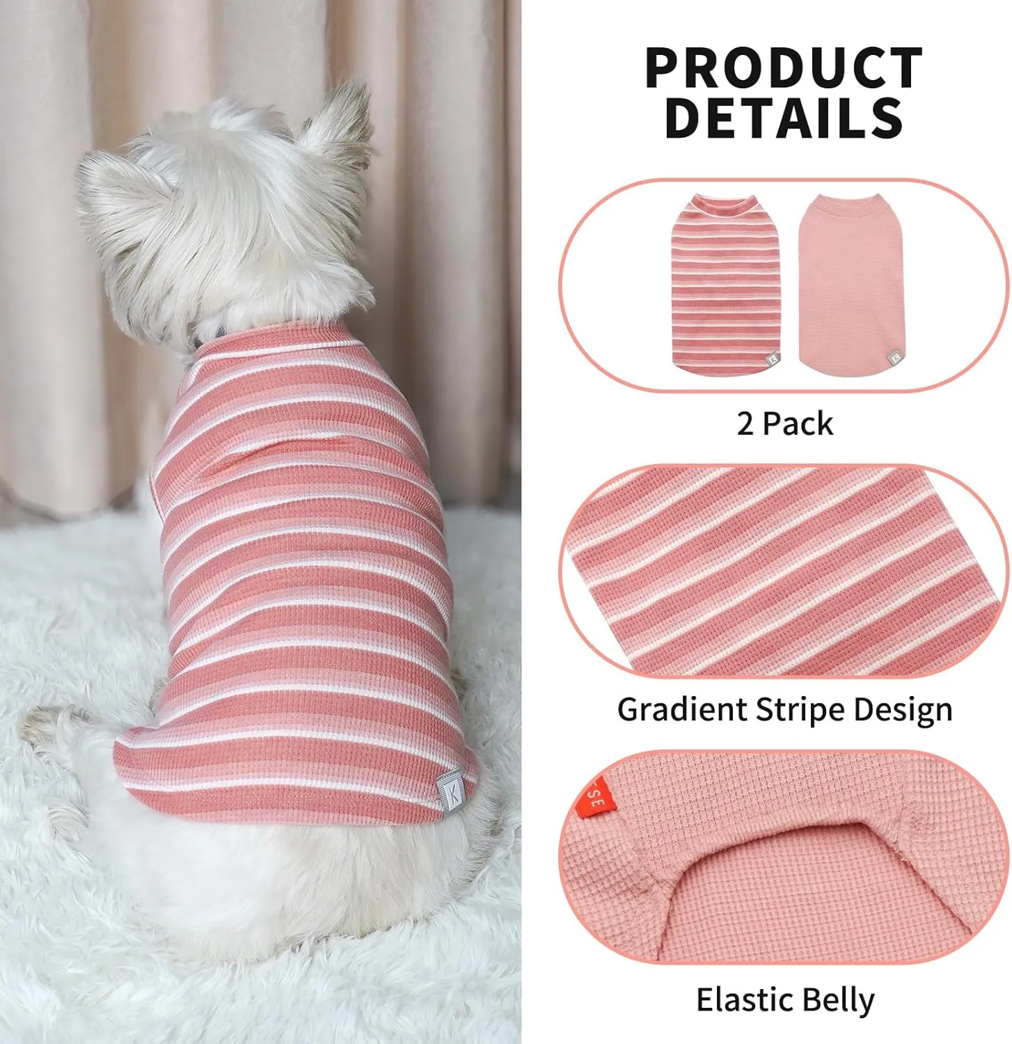 KYEESE 2Pack Waffle Dog Shirts for Small Dogs Stretchy T-Shirts Lightweight Tank Top Sleeveless Striped Vest Breathable Pet Outfit, X-Large, Pink Striped