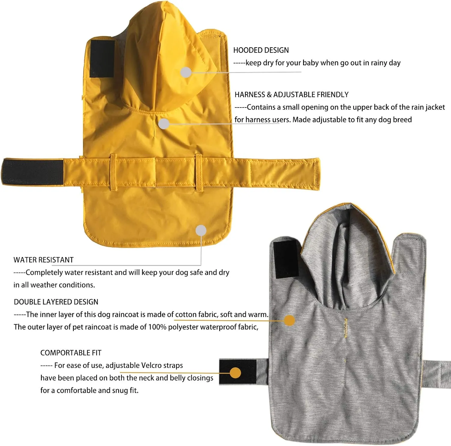 LeerKing Dog Raincoat Hooded Leash Hole 10 Sizes, Waterproof Double Layer Dog rain Coat Jacket with Lining for Small Medium and Large Dog,Yellow,L