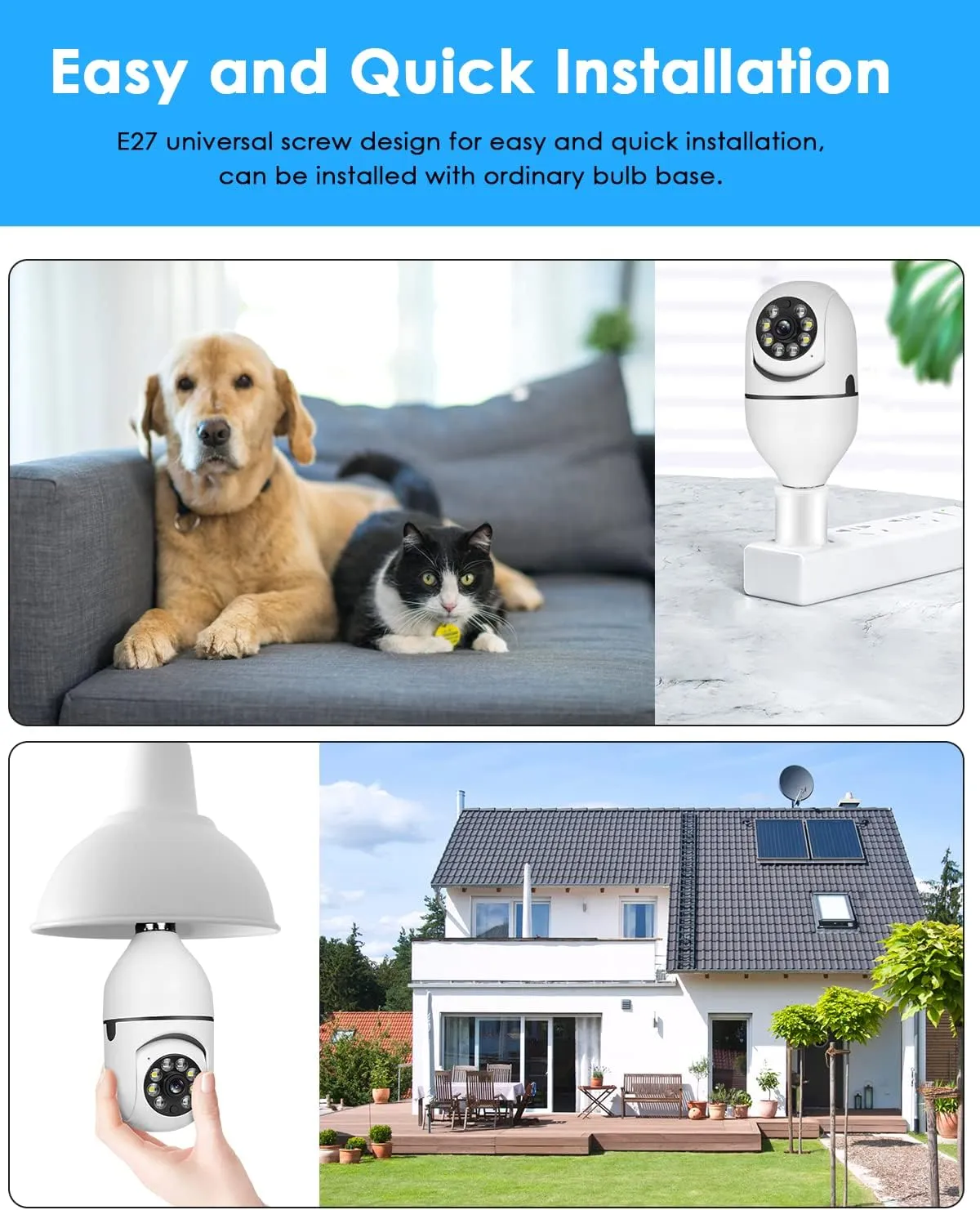 Light Bulb Security Camera Wireless Outdoor Indoor 2.4G 2K Wifi Security Cameras for Home Security 360 PTZ Camera Motion Detection and Alarm Two-Way Audio Based E27 Light Bulb Socket IP65 Waterproof