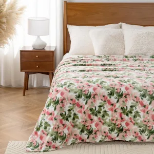 Luxury Printed Fleece Warm Blanket, Soft Lightweight Velvety Plush Throw for Couch and Bed, Cozy Comfy for All Seasons(Ivory Pink Flowers, 10890 Inches)