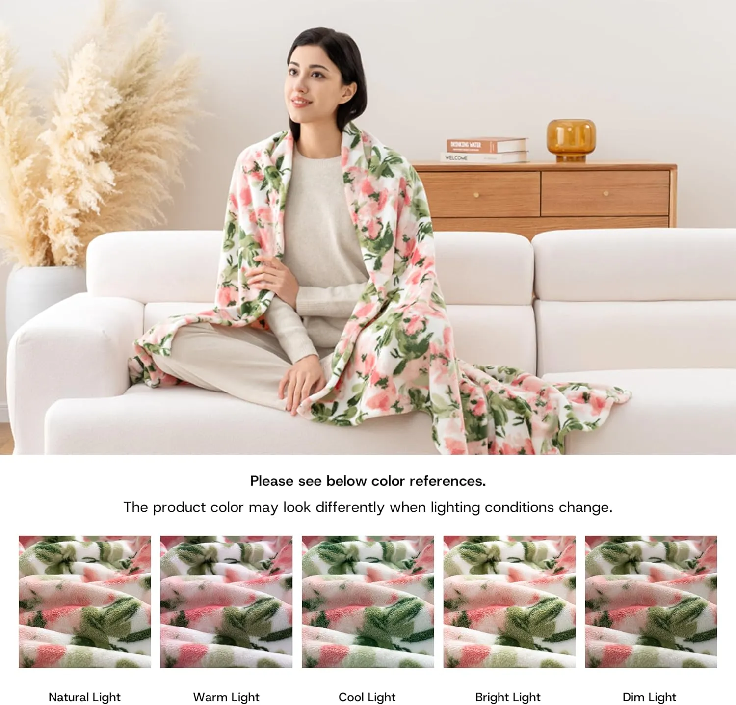 Luxury Printed Fleece Warm Blanket, Soft Lightweight Velvety Plush Throw for Couch and Bed, Cozy Comfy for All Seasons(Ivory Pink Flowers, 10890 Inches)