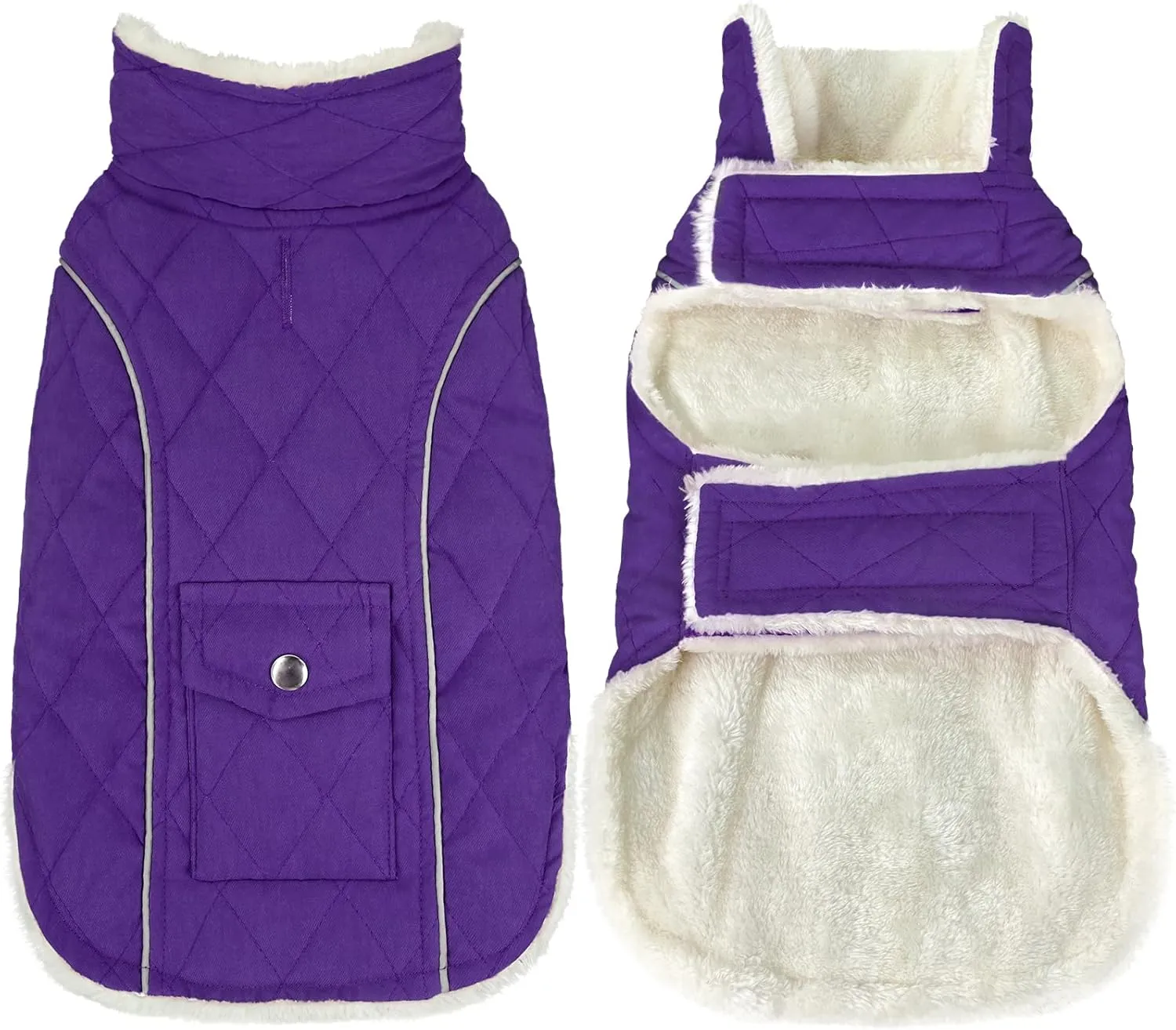 Malier Winter Coat, Windproof Cold Weather Coat with Real Pocket, Extra Warm Dog Fleece Jacket Reflective Clothes for Small to Large Dogs and Puppies (Purple, Large)