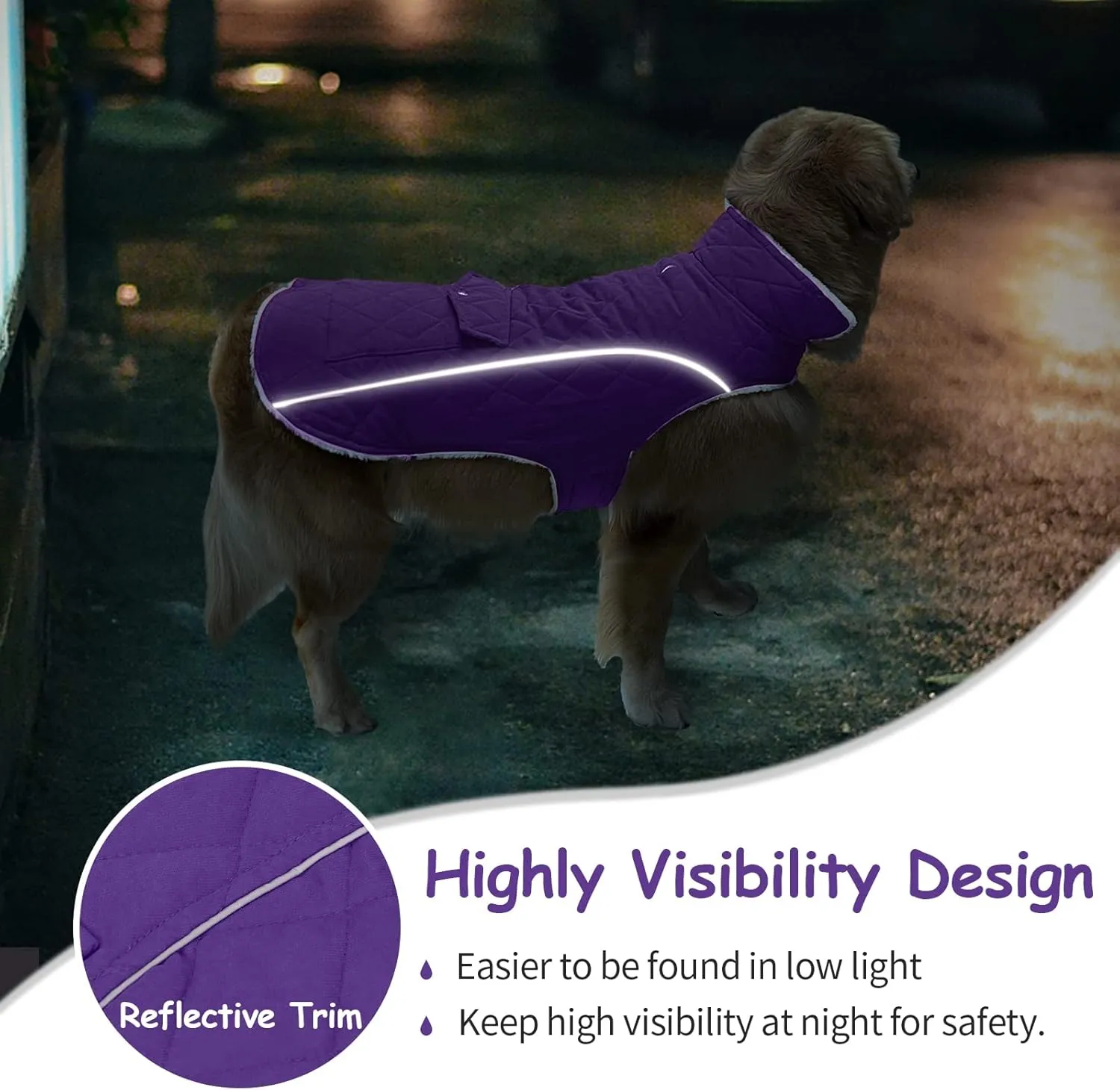 Malier Winter Coat, Windproof Cold Weather Coat with Real Pocket, Extra Warm Dog Fleece Jacket Reflective Clothes for Small to Large Dogs and Puppies (Purple, Large)