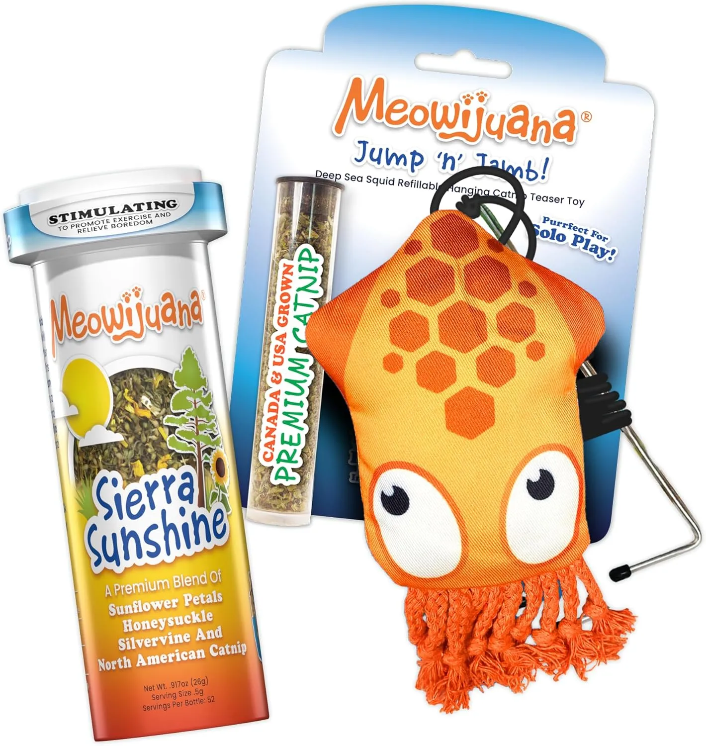 Meowijuana | Jump 'n' Jamb Deep Sea Squid Door Hanger Toy and Sierra Sunshine Catnip Blend | Promotes Play and Cat Health | Includes North American Organic Catnip