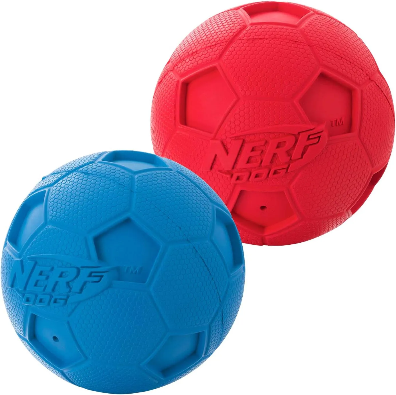Nerf Dog Soccer Ball Dog Toy with Interactive Squeaker, Lightweight, Durable and Water Resistant, 2.5 Inches, For Medium/Large Breeds, Two Pack, Blue and Red