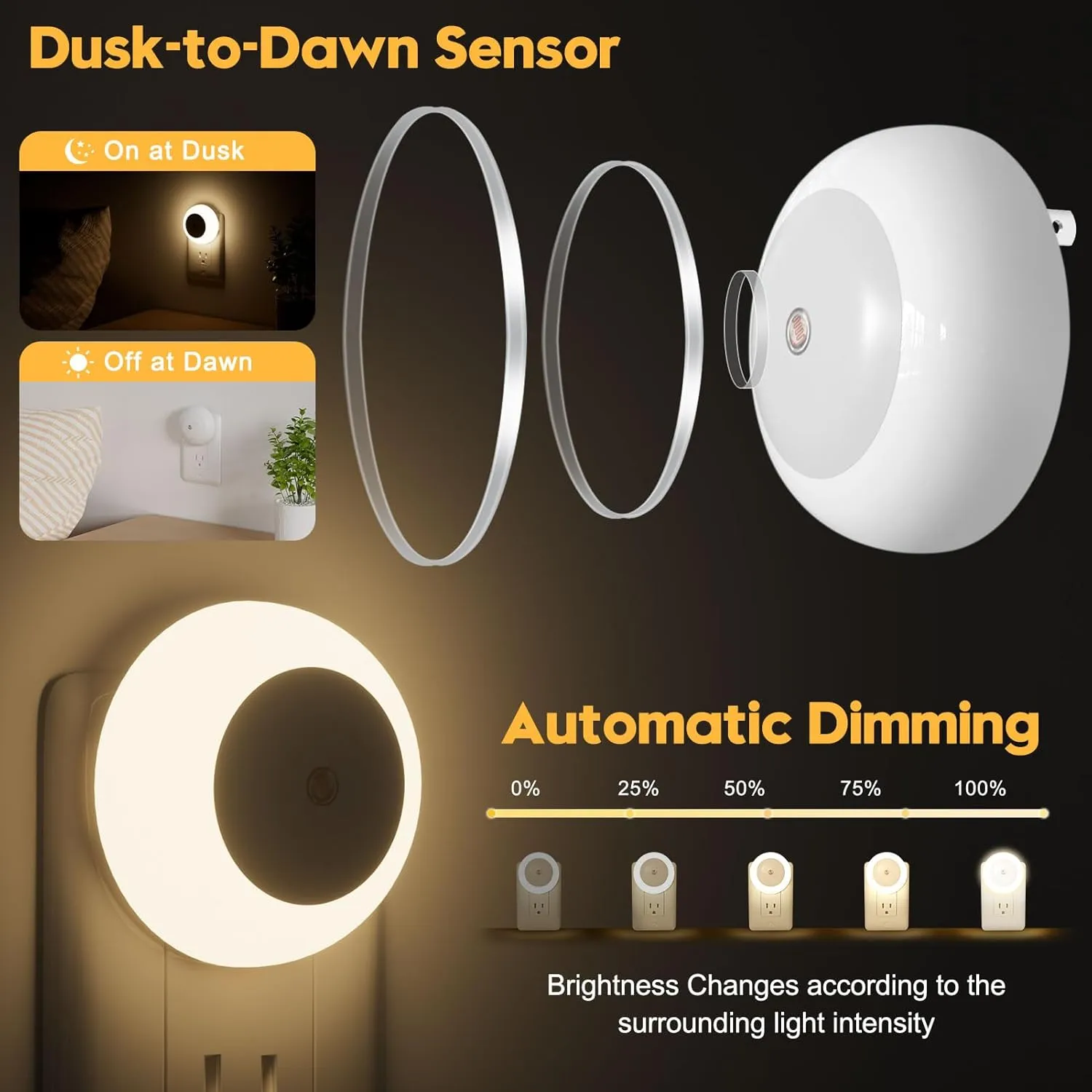 Night Light, Night Lights Plug into Wall, Dusk to Dawn Sensor Warm White Led Night Light 0.5W, 2 Pack Nightlight for Adults, Bedroom, Bathroom, Hallway, Kitchen