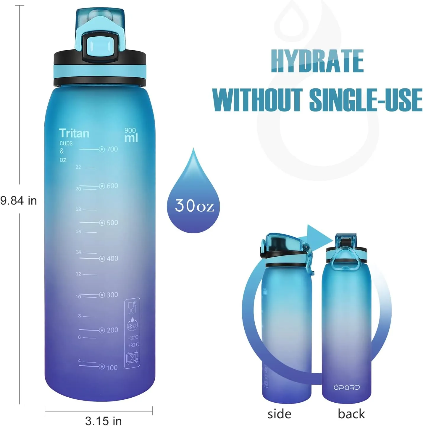 Opard 30oz/32oz Sports Water Bottle with Leak Proof Flip Top Lid BPA Free Tritan Reusable Plastic for Gym and Outdoor, Travel Water Bottle with Straw