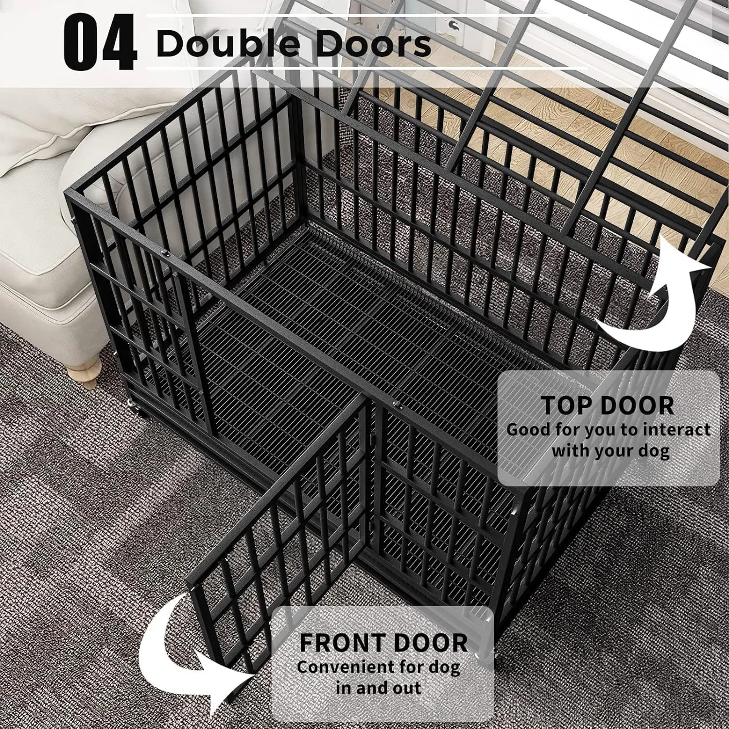 Otaid 48 Inch Heavy Duty Dog Crate Cage Kennel with Wheels, High Anxiety Indestructible Dog Crate, Sturdy Locks Design, Double Door and Removable Tray, Extra Large XL XXL Dog