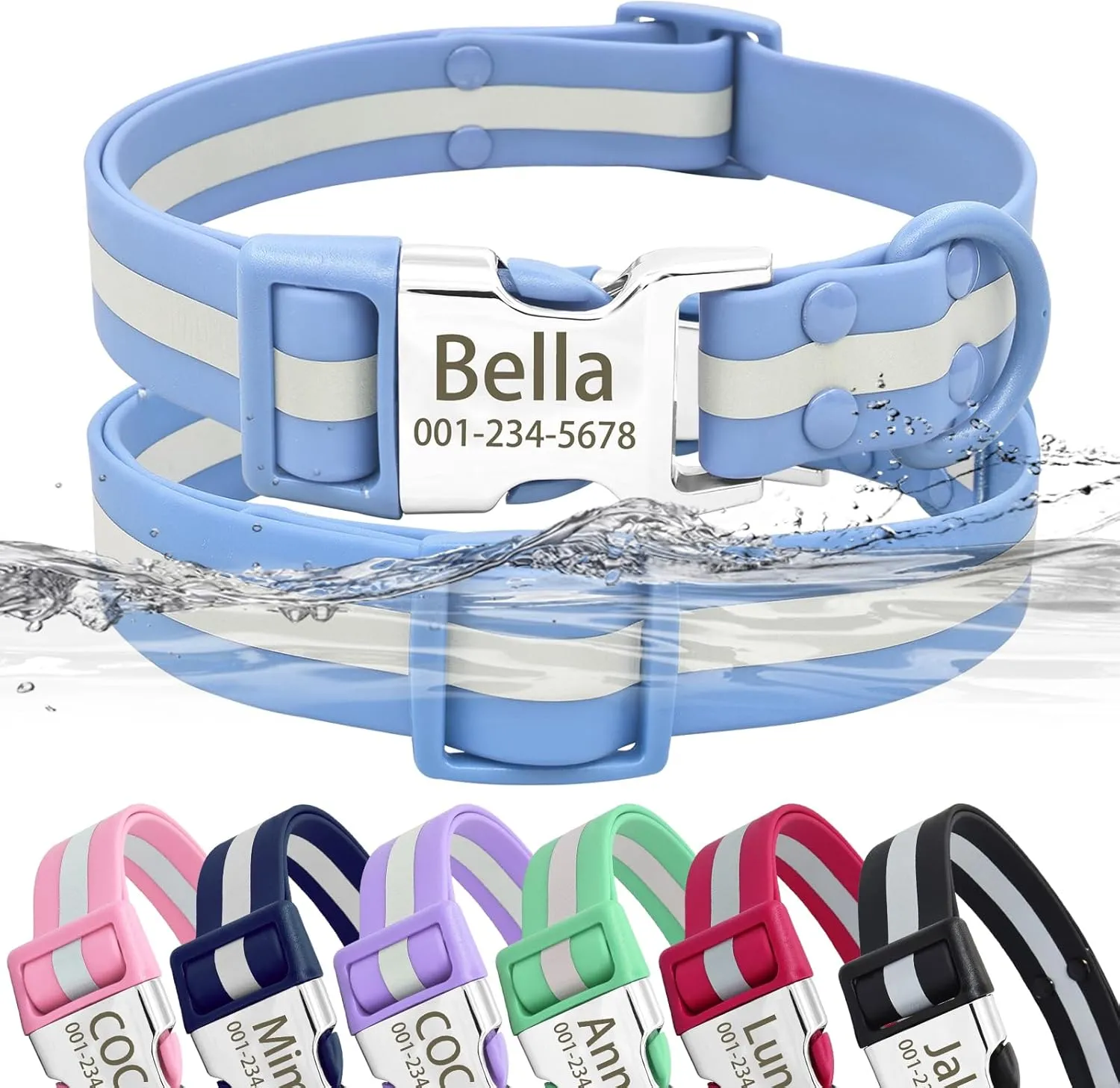 Personalized Waterproof & Reflective Dog Collar with Name Plate,Custom Easy Clean PVC Dog Collar with Buckle Engraved ID Name and Number (S(Width:3/5'', Fit 10.5''-16.5''),Light Blue)