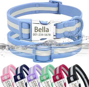 Personalized Waterproof & Reflective Dog Collar with Name Plate,Custom Easy Clean PVC Dog Collar with Buckle Engraved ID Name and Number (S(Width:3/5'', Fit 10.5''-16.5''),Light Blue)