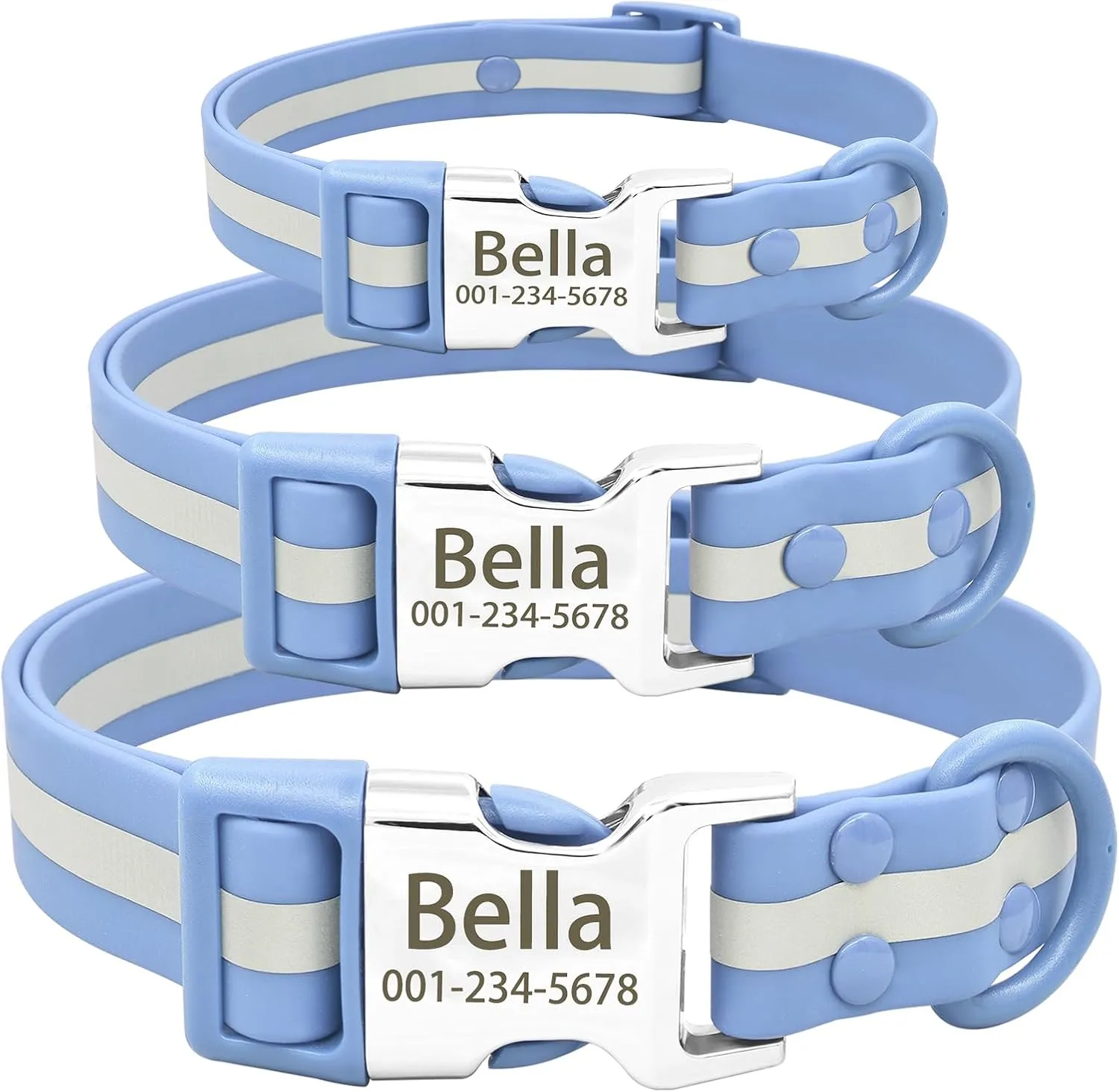 Personalized Waterproof & Reflective Dog Collar with Name Plate,Custom Easy Clean PVC Dog Collar with Buckle Engraved ID Name and Number (S(Width:3/5'', Fit 10.5''-16.5''),Light Blue)