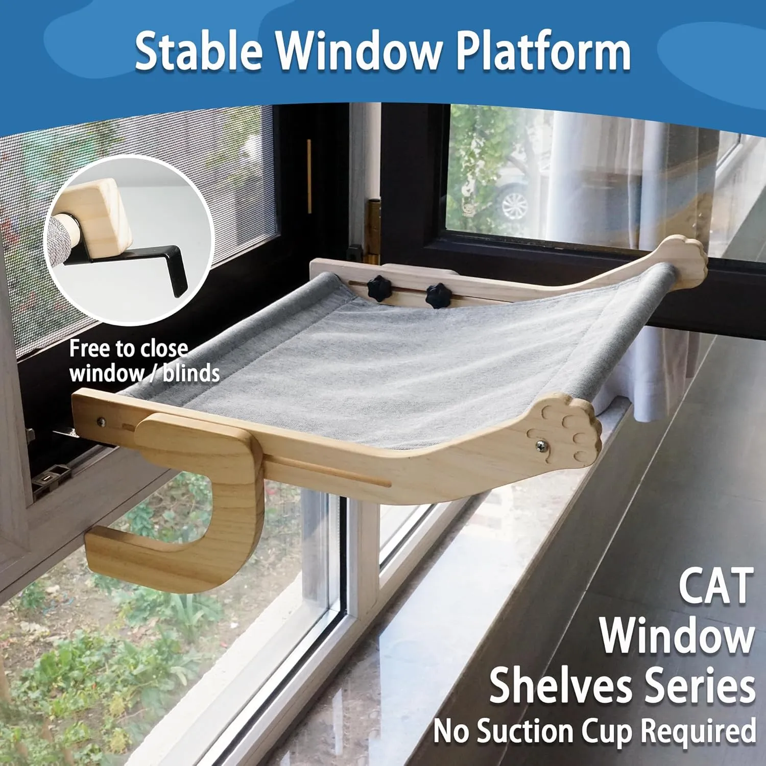 PETKARAY Cat Hammock for Windowsill, Indoor Window Shelves and Seat, Adjustable Perch for Large Cats, Grey