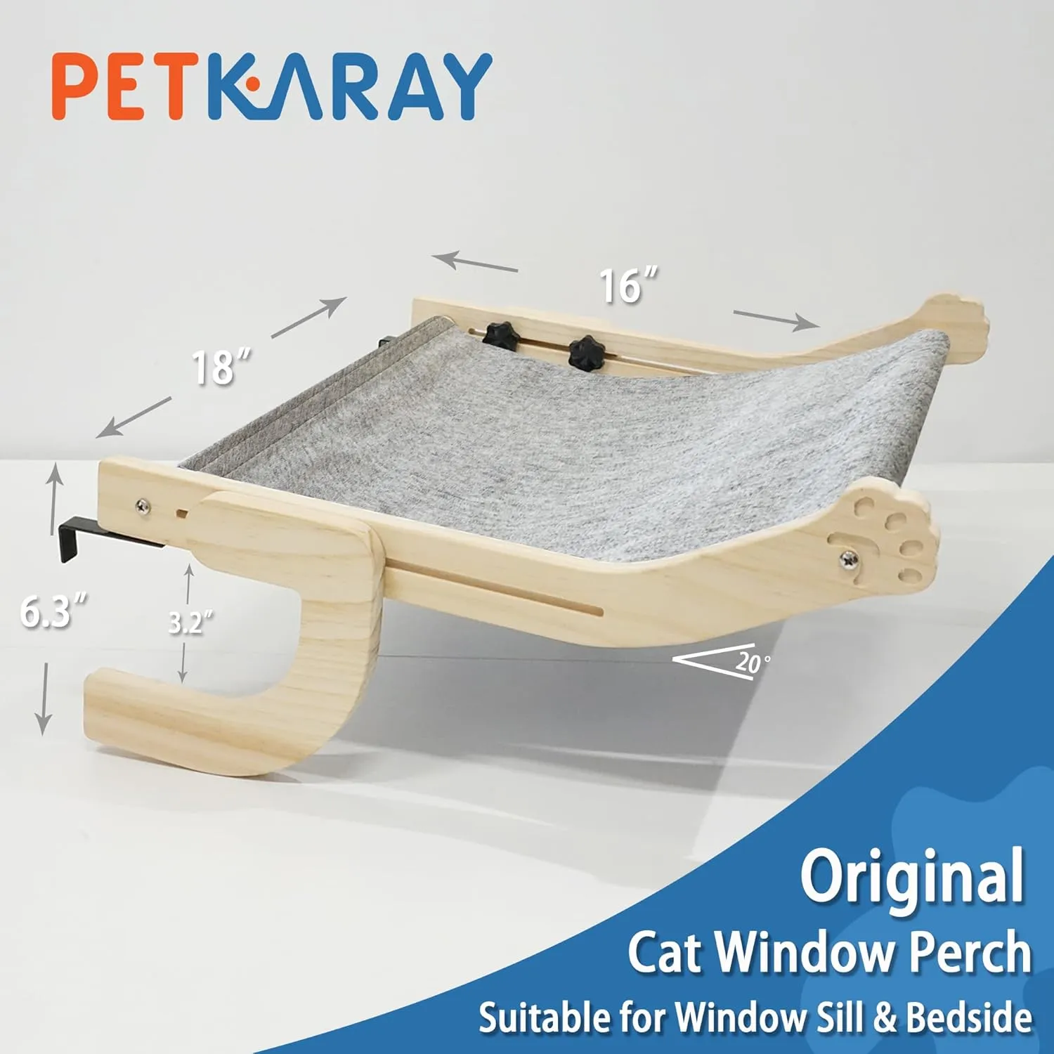 PETKARAY Cat Hammock for Windowsill, Indoor Window Shelves and Seat, Adjustable Perch for Large Cats, Grey