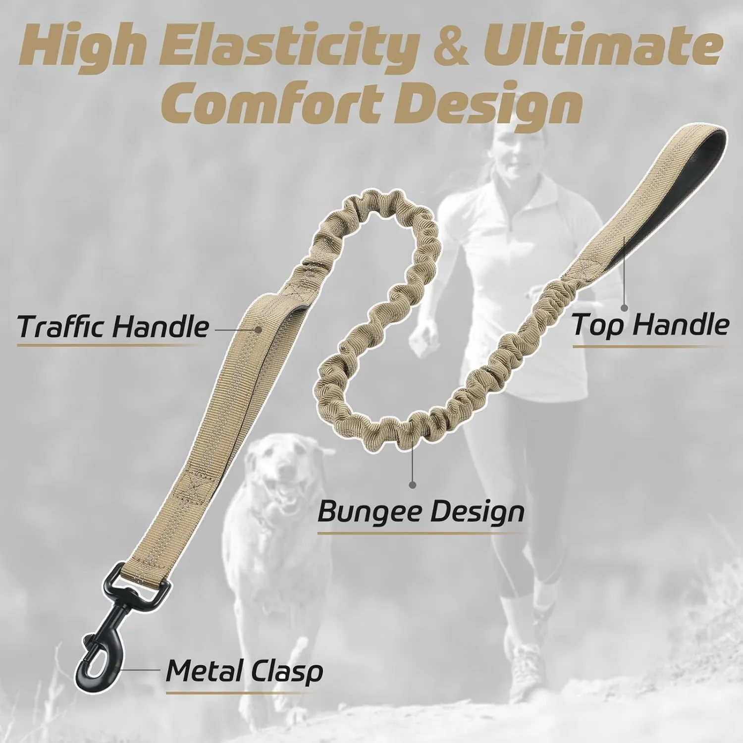 rabbitgoo Tactical Bungee Dog Leash with Shock Absorption, Military Training Leash with 2 Padded Control Handles for Medium Large Dogs, 4FT, Brown