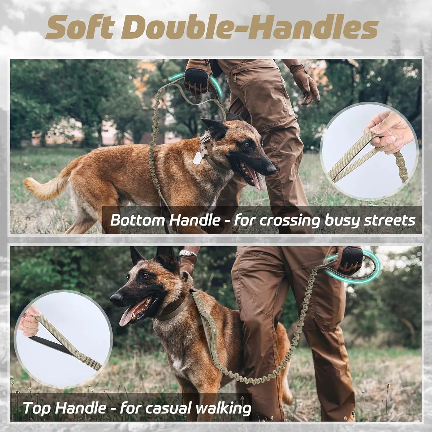 rabbitgoo Tactical Bungee Dog Leash with Shock Absorption, Military Training Leash with 2 Padded Control Handles for Medium Large Dogs, 4FT, Brown