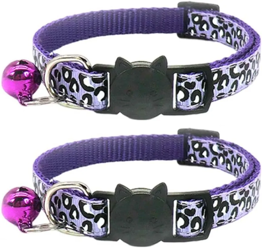 Reflective 2 Pack Breakaway Cat Collars with Bell Leopard Pattern Cute Kitty Adjustable 7.5-12.5 Inch Safe Kitten Collars Charms