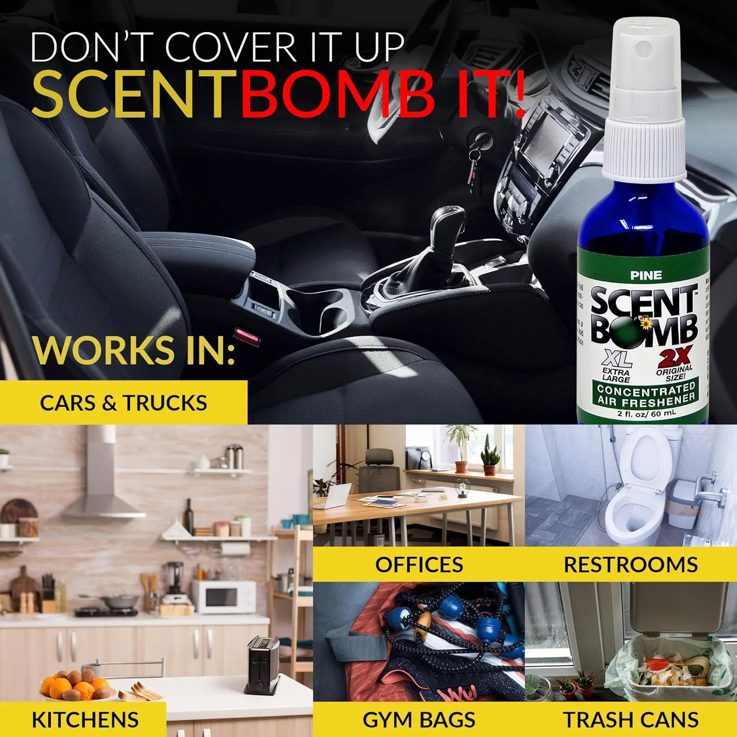 Scent Bomb Air Freshener Spray 2-Pack, Long-Lasting Odor Eliminator for Home & Car, Effective Deodorizer Spray for Kitchen, Bathroom, Fresh Room Spray & Smell Neutralizer, 2 oz, Pine