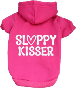 Sloppy Kisser Valentine's Day Dog Hoodie Fleece Lined Pullover Sweatshirt with Leash Hole (Hot Pink, 2X-Large 1174)
