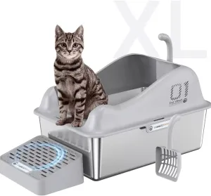 Stainless Steel Litter Box-cat Litter Box, Suitable for Multiple Cats, Clean and deodorize,Anti-Urine Leakage, Non-Sticky, Include Cat Mat and Litter Scoop(Off-White)