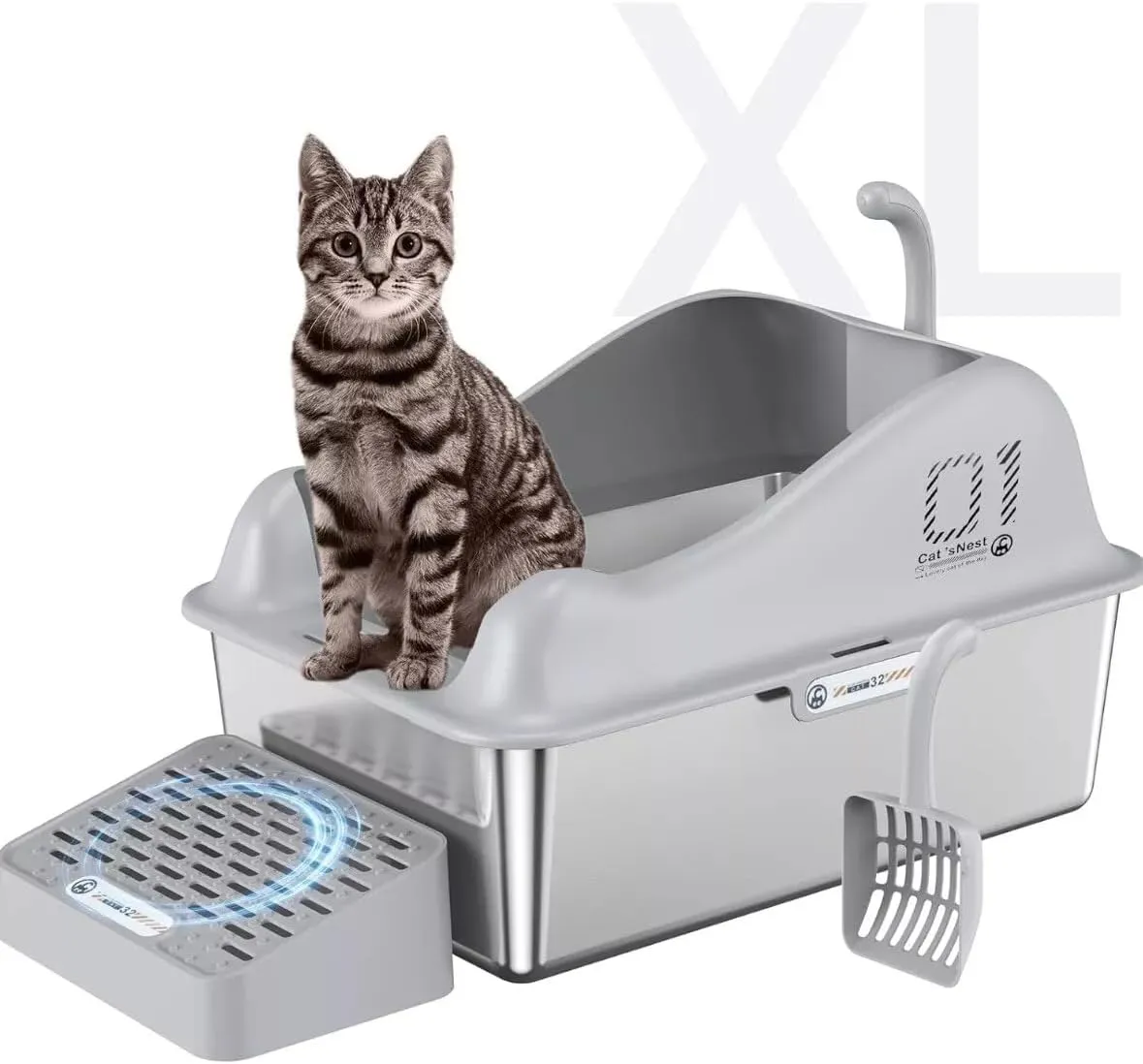 Stainless Steel Litter Box-cat Litter Box, Suitable for Multiple Cats, Clean and deodorize,Anti-Urine Leakage, Non-Sticky, Include Cat Mat and Litter Scoop(Off-White)
