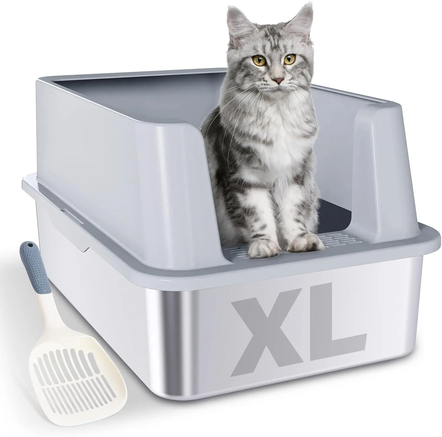 Stainless Steel Litter Box XL, 24"x16"x12" Extra Large High Sided Metal Cat Litter Box with Lid and Scooper, Easy Clean, Non Stick & No Smell