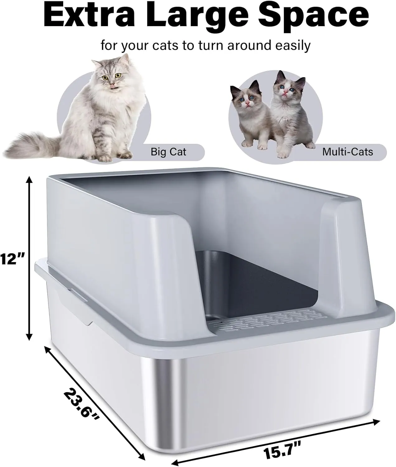 Stainless Steel Litter Box XL, 24"x16"x12" Extra Large High Sided Metal Cat Litter Box with Lid and Scooper, Easy Clean, Non Stick & No Smell