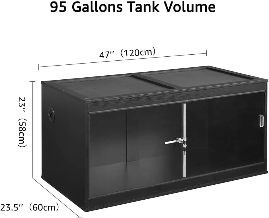 unipaws 95 Gallon Reptile Tank, Large Black Reptile Enclosure Terrarium with Glass Sliding Doors and Lock for Lizards and Snakes, Stackable Cage with Cable Port