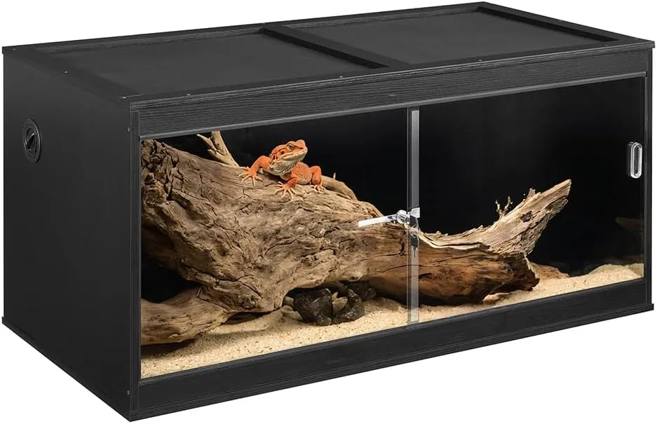 unipaws 95 Gallon Reptile Tank, Large Black Reptile Enclosure Terrarium with Glass Sliding Doors and Lock for Lizards and Snakes, Stackable Cage with Cable Port