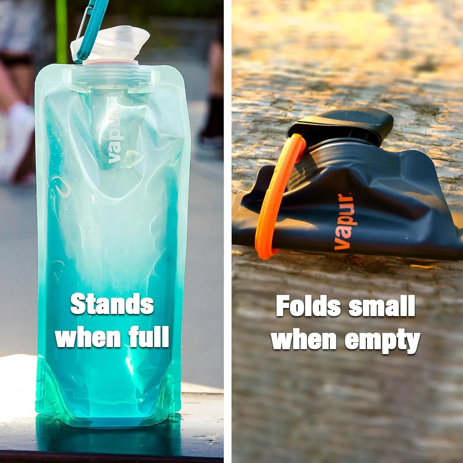 Vapur Collapsible Water Bottle With Carabiner, Compact Bottle Folds Flat For Hydration On The Go, Ideal for Traveling, Hiking or Camping, 34 Ounce, Blue Steel, Pack of 1