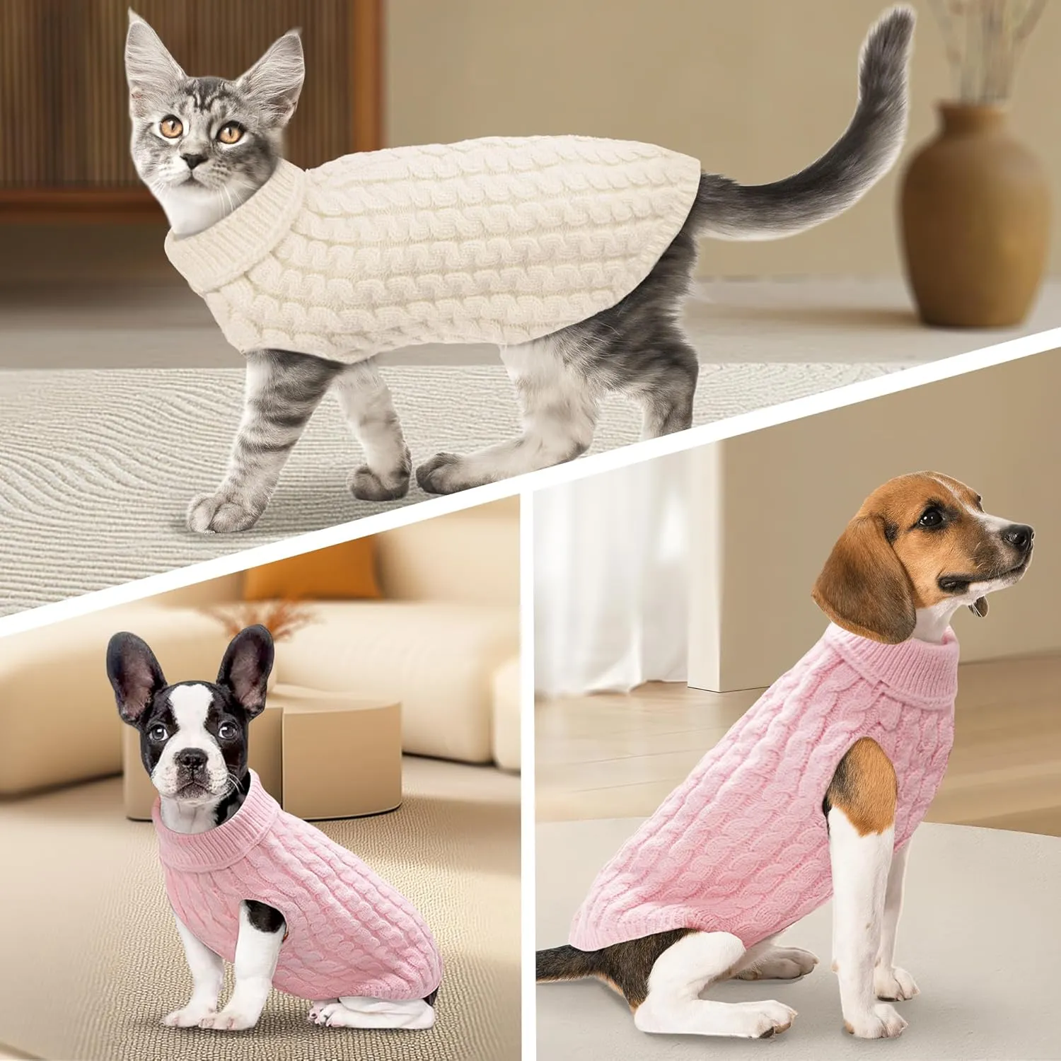 Warm Dog Turtleneck Sweater - Cable Knit Puppy Sweater Thick Warm Dog Winter Clothes, Cold Weather for Small and Medium Dogs (Pink, 2XL)