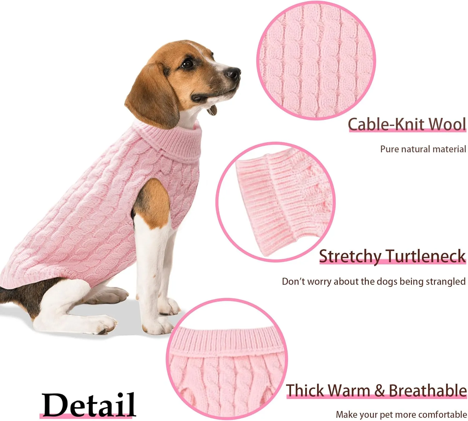 Warm Dog Turtleneck Sweater - Cable Knit Puppy Sweater Thick Warm Dog Winter Clothes, Cold Weather for Small and Medium Dogs (Pink, 2XL)