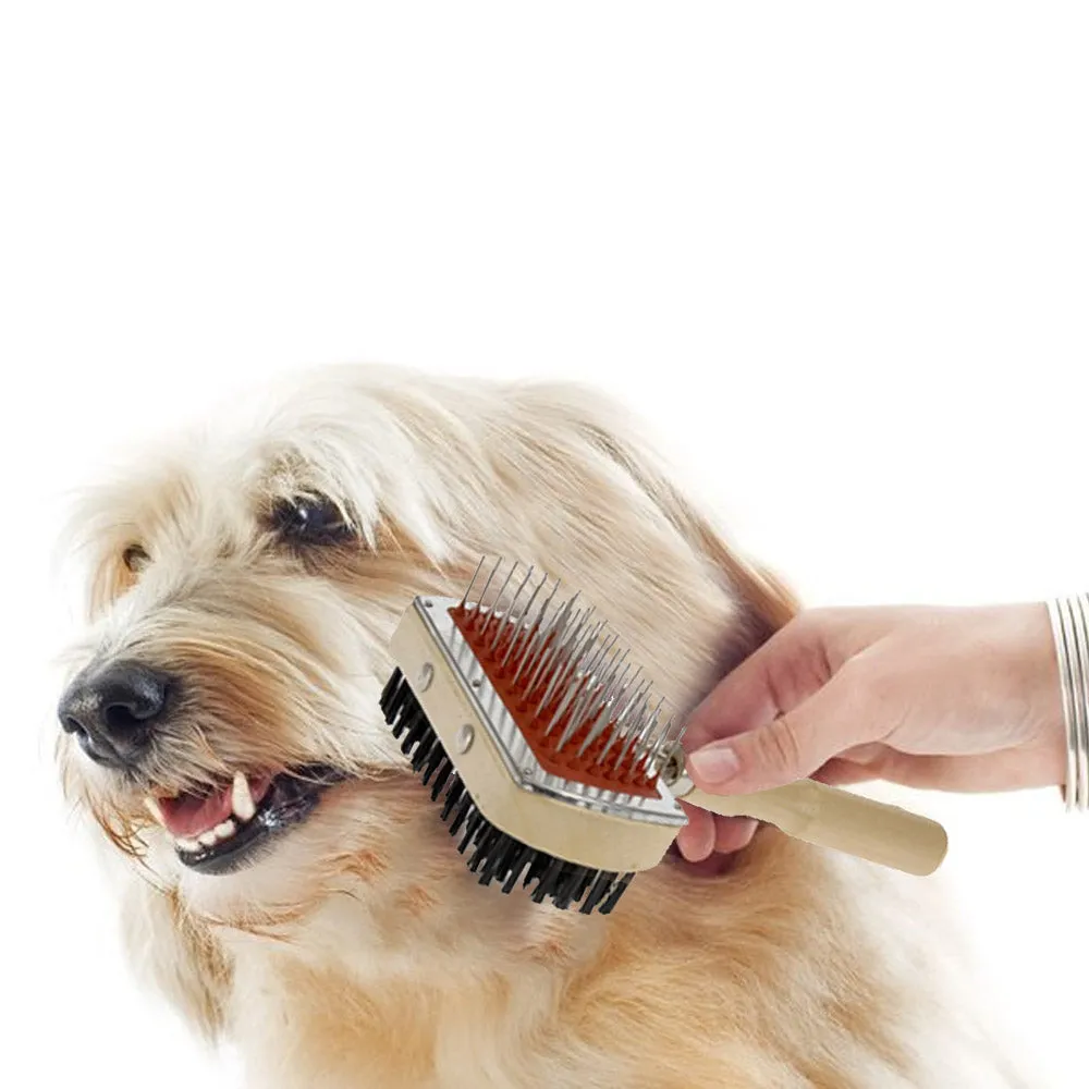 Wooden Dog Brush with Hard and Soft Bristles - Double Sided Brush